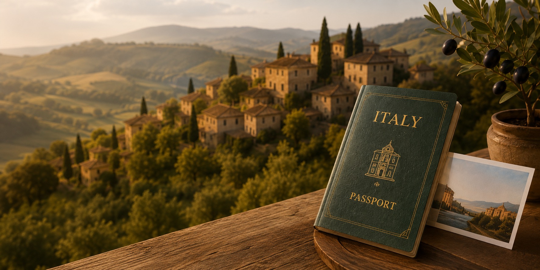 Italy Adventure — Tuscany passport and hillside village